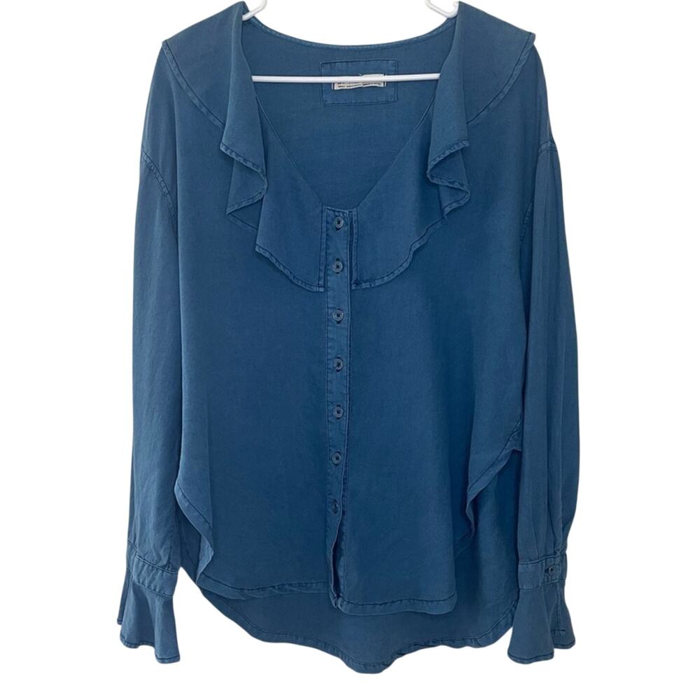 We The Free Amber Blue Linen Blend Ruffle Blouse Long Sleeve Small Free People